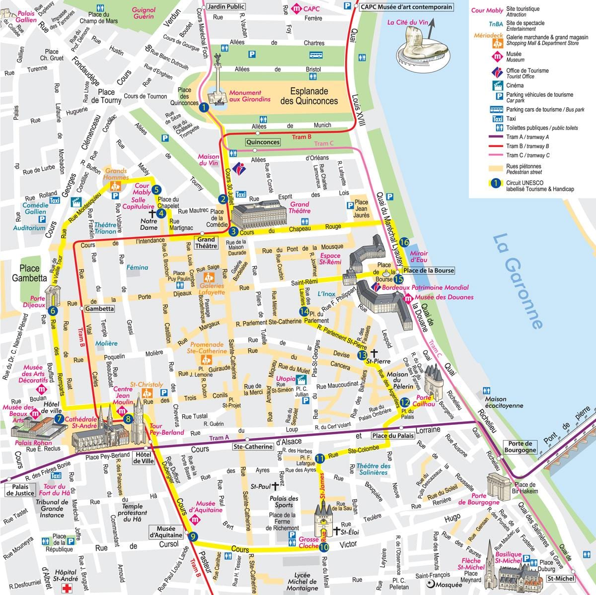 Het centrum van Bordeaux kaart