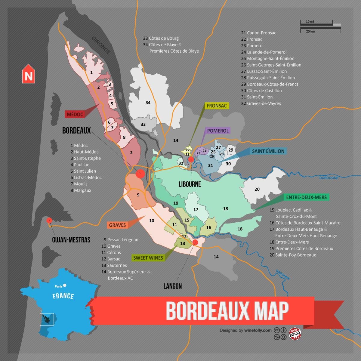 Bordeaux wijnregio kaart